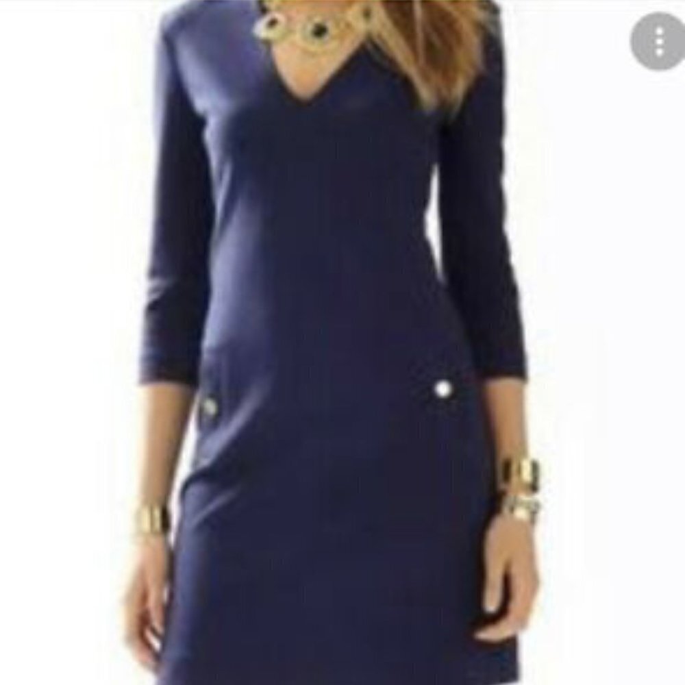 Eliza J Dress Women's Size 6P Navy Blue Ponte Knit A-Line Pockets Gold Buttons